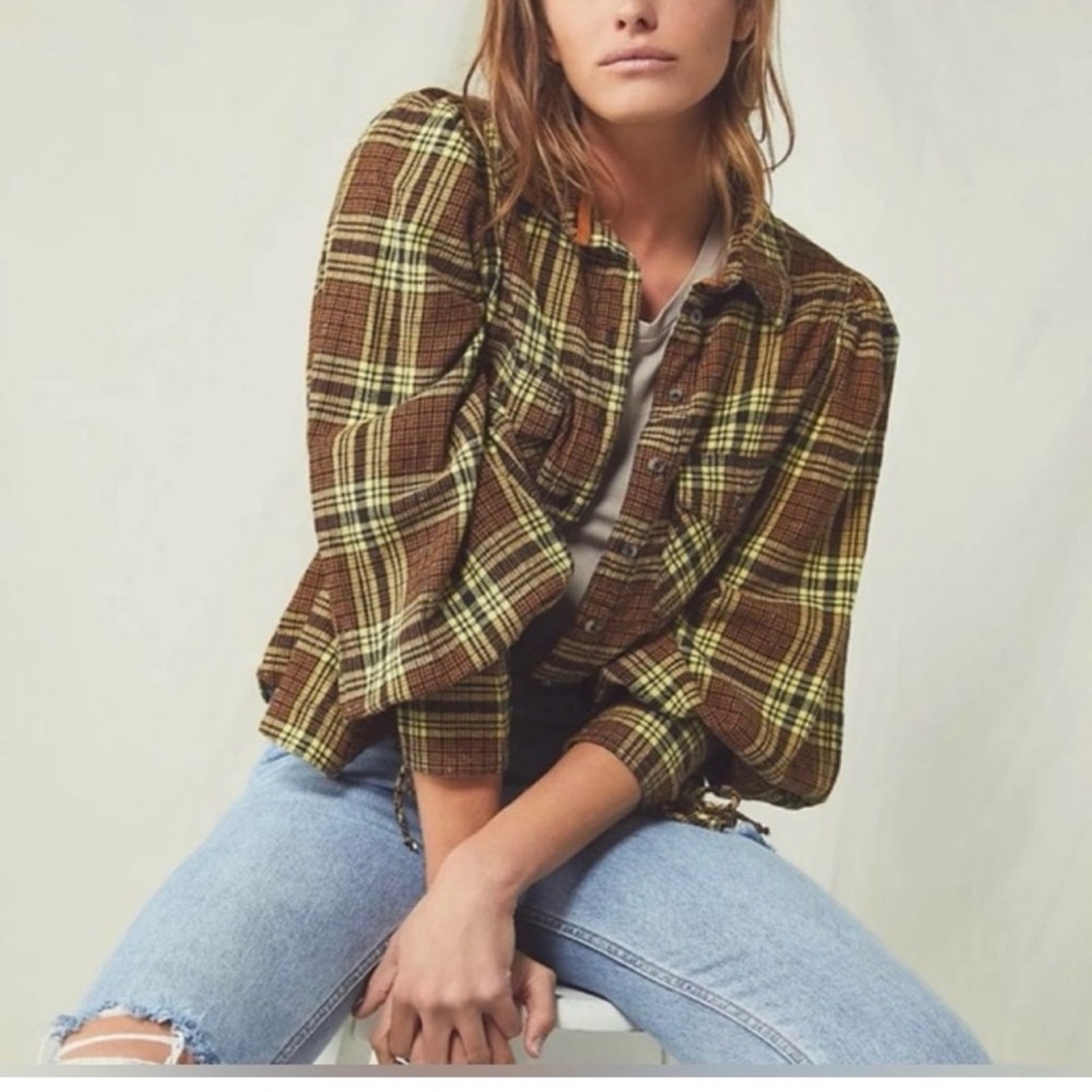 Free People Plaid Button Down Shirt in Brown and Yellow